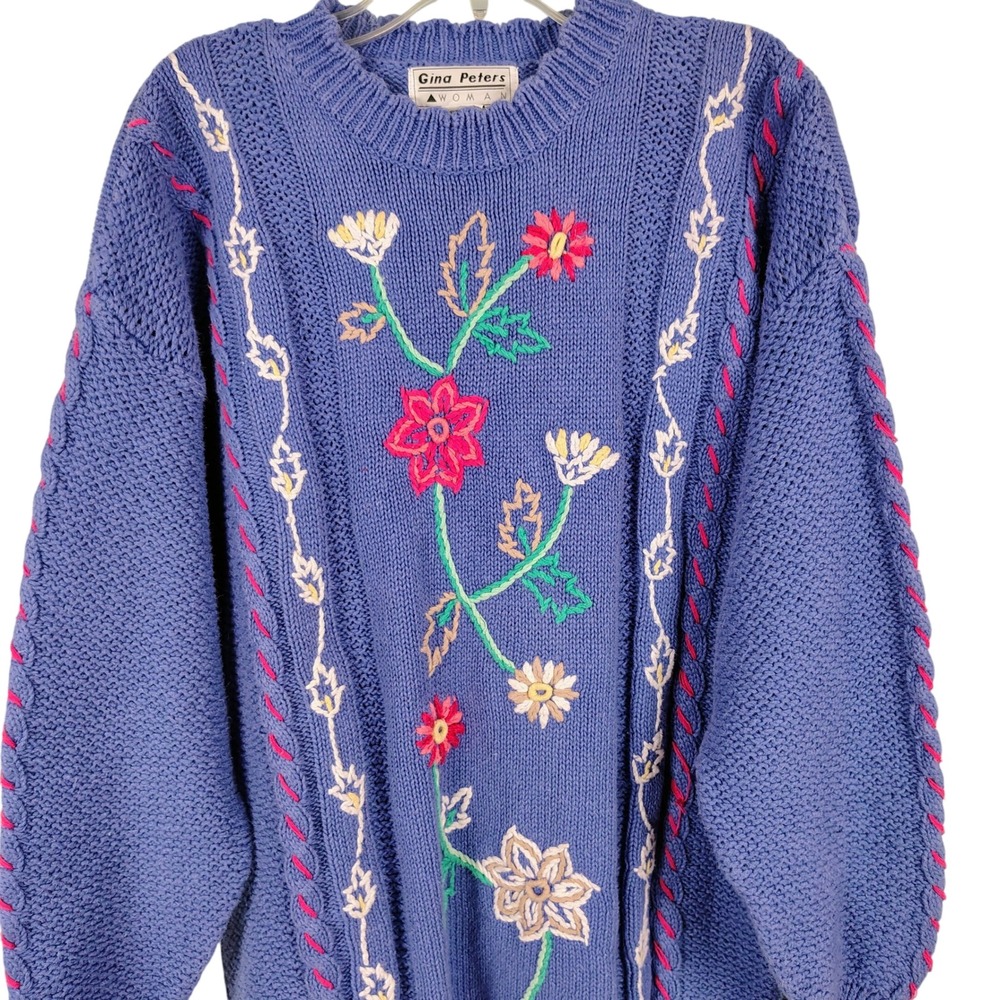 Womens 2X Gina Peters Floral Embroidered Sweater Blue Ramie Cotton Cottagecore